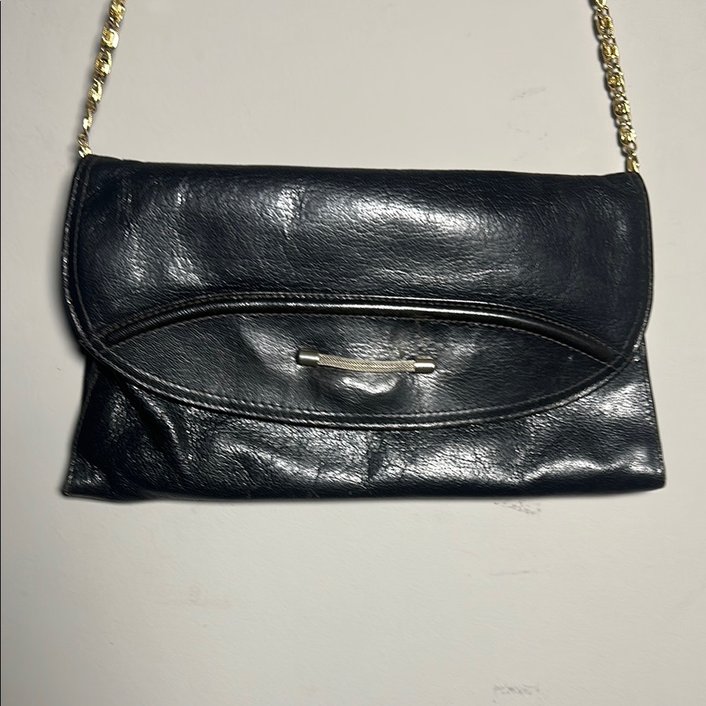 Scepi made in Italy Elegant Black Leather vintage Clutch with gold chain